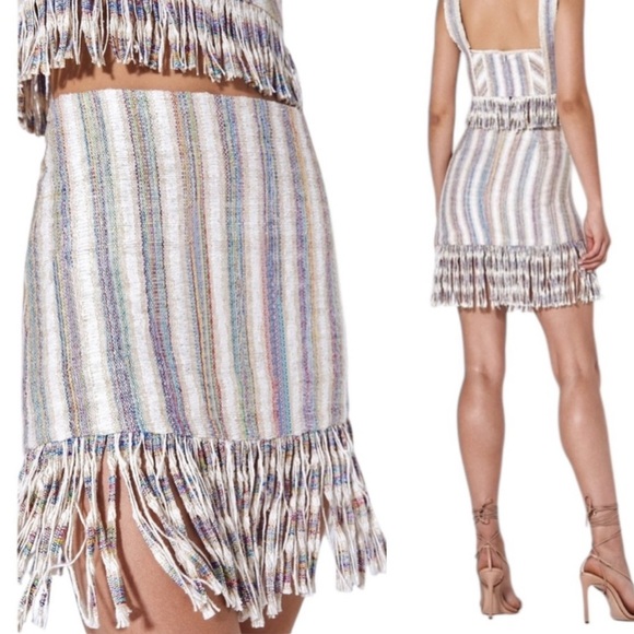 Alexis Vichy Silk Blend Textured Stripe Skirt with Fringe Hem In Neutral Size S - Picture 1 of 11